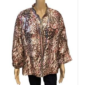 Chico's Linen Blend Animal Print Open Front Jacket Metallic Trim 3/4 Sleeve sz 3